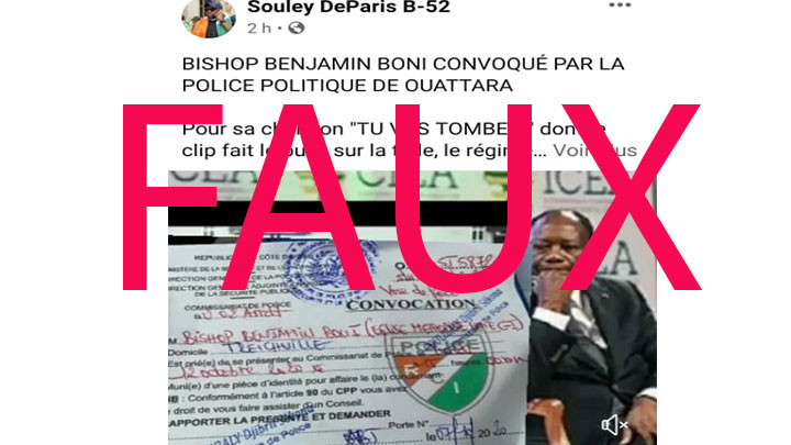 FAUX ! Le Bishop Benjamin Boni n'a pas été convoqué par la police pour une chanson
