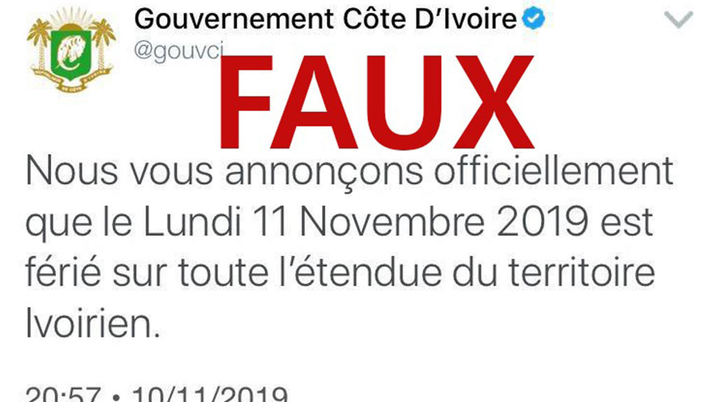 Non, le lundi 11 novembre 2019 n'a pas été déclaré férié par le gouvernement ivoirien.